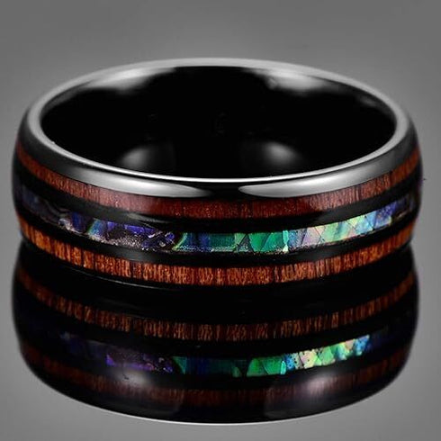 Men's 8mm Tungsten With Hawaiian Koa Wood & Abalone Shell Tri-Inlay Wedding Band